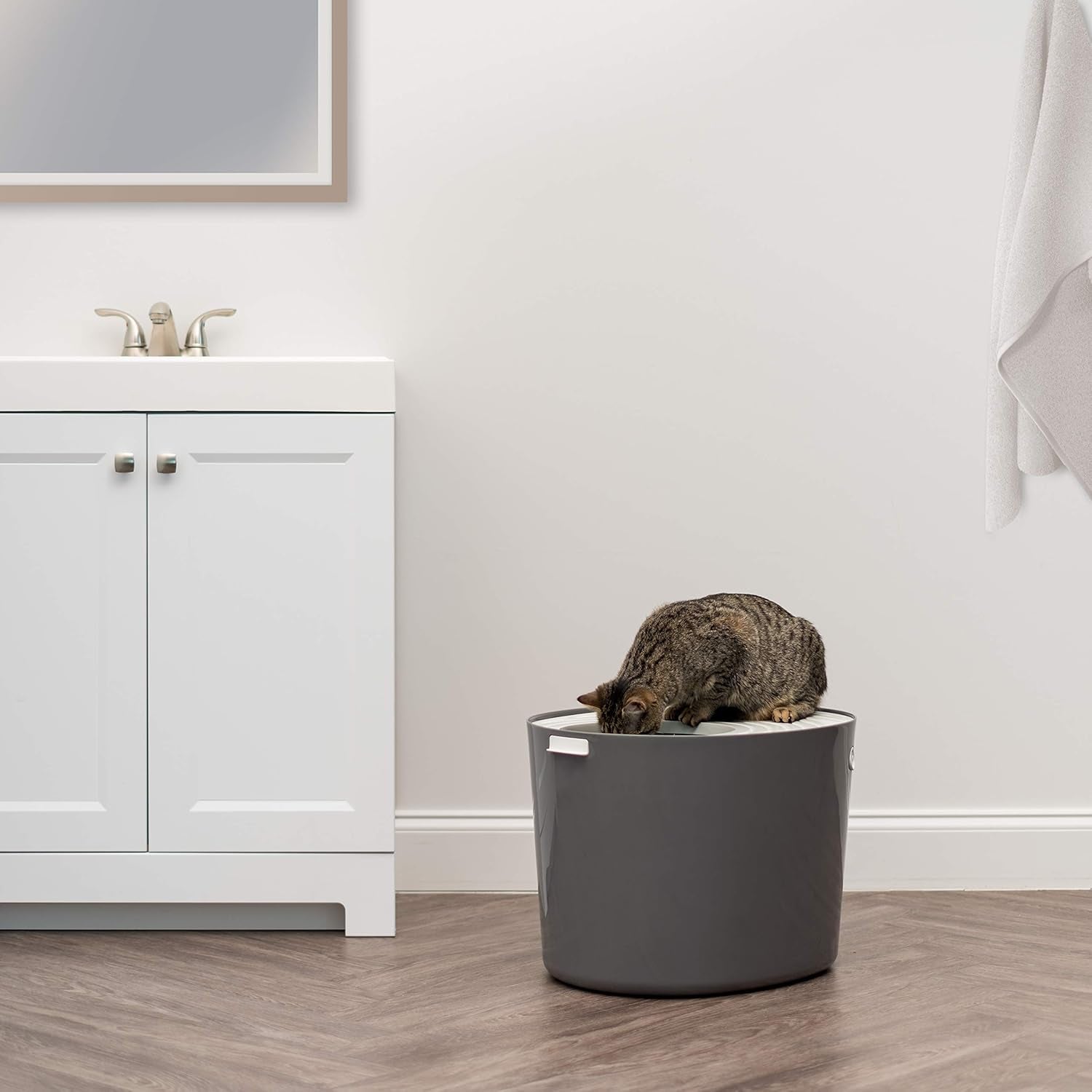 Cat Litter Box, Large Top Entry with Litter Catching Lid and Scoop, Dog Proof, Cat Box Enclosure, Dark Gray/White