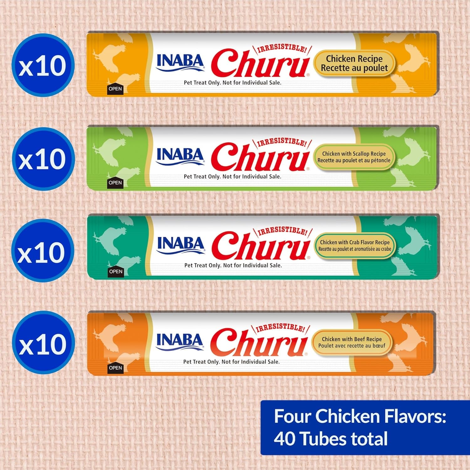 Churu Cat Treats, Grain-Free, Lickable, Squeezable Creamy Purée Cat Treat/Topper with Vitamin E & Taurine, 0.5 Ounces Each Tube, 40 Tubes, Chicken Variety Box