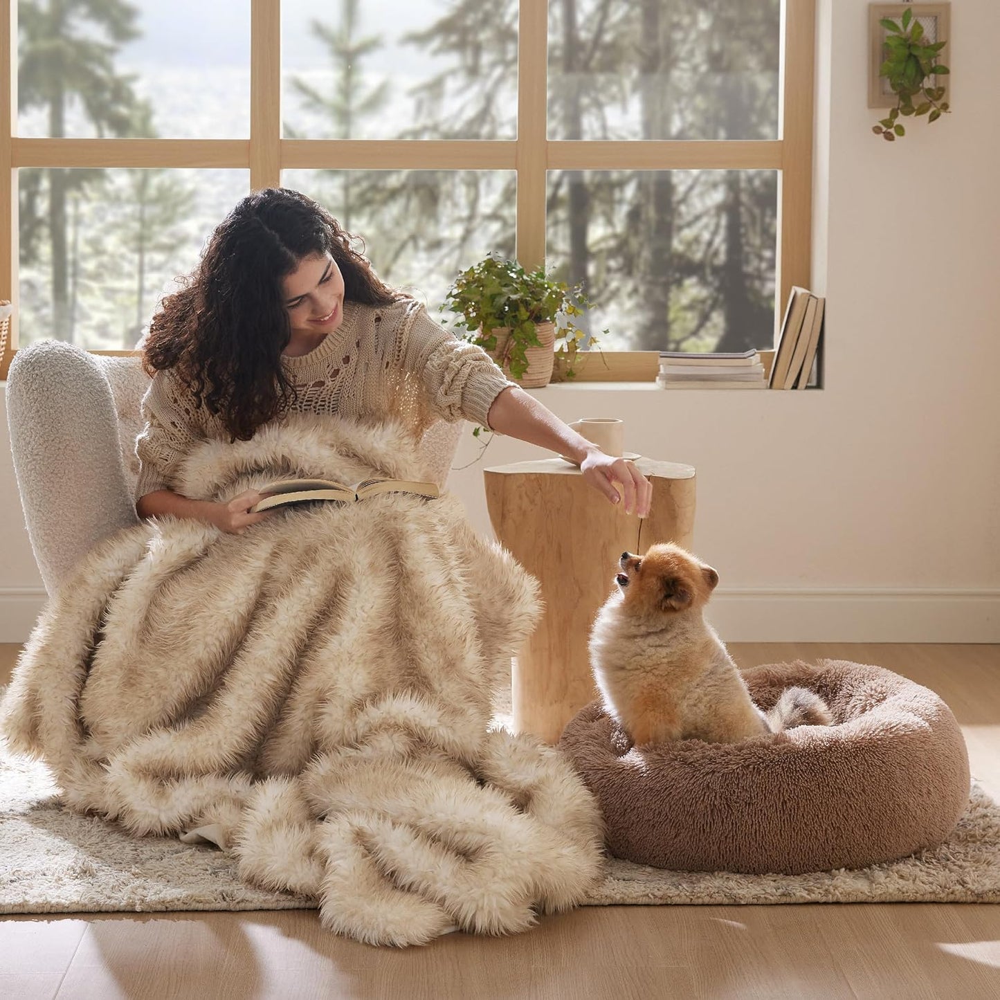 Calming Dog Bed for Small Dogs - Donut Washable Small Puppy Bed, 23 Inches Anti-Slip round Fluffy Plush Faux Fur Large Cat Bed, Fits up to 25 Lbs Pets, Camel