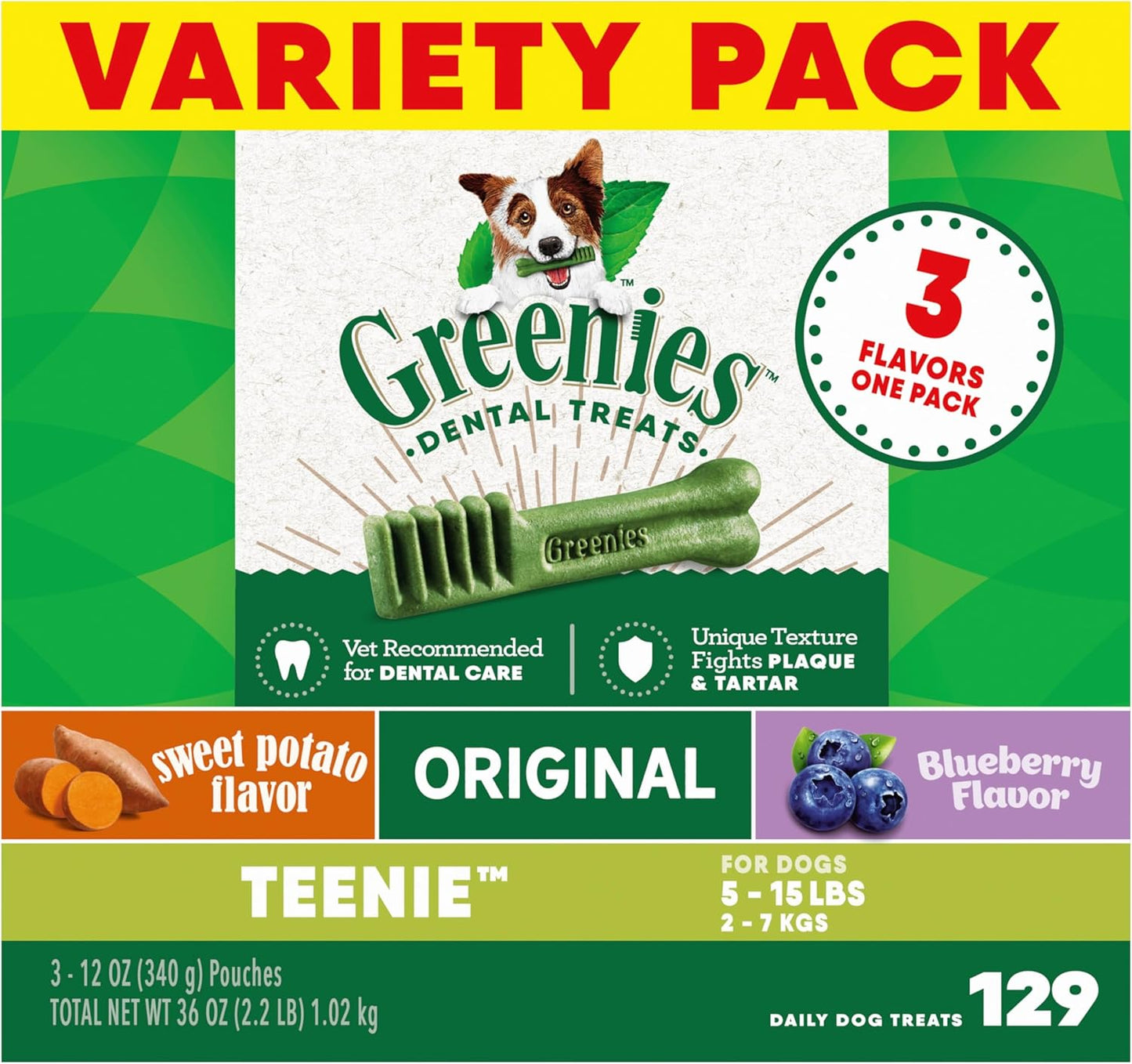 Teenie Dental Dog Treats 3-Flavor Variety Pack, (3) 12 Oz. Pouches, 129 Total Treats