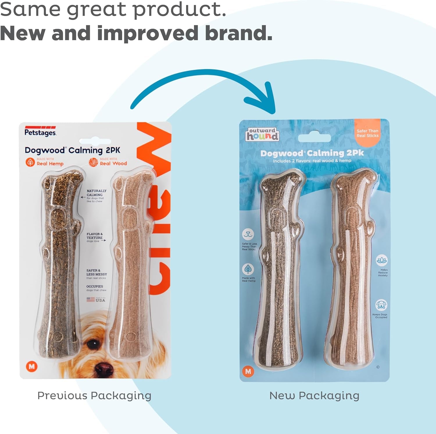Dogwood Wood Durable Dog Chew Toys, Real Wood & Calming Hemp, 2-Pack, Medium
