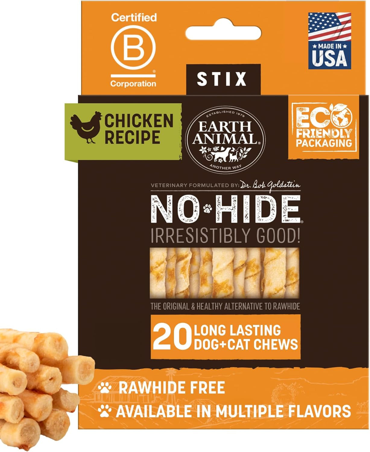 No Hide Stix - Long Lasting Rawhide Free Small Dog Chews Sticks, Chicken - 20 Count Value Pack