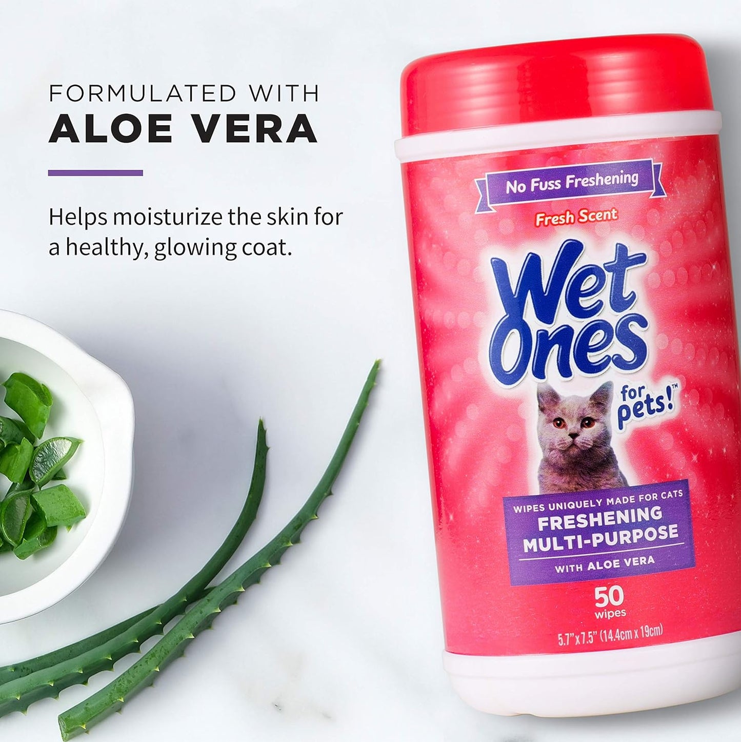 for Pets Freshening Multipurpose Wipes for Cats with Aloe Vera, Fresh Scent - Easy to Use Cat Cleaning Wipes for Pet Grooming in Canister, 50 Count