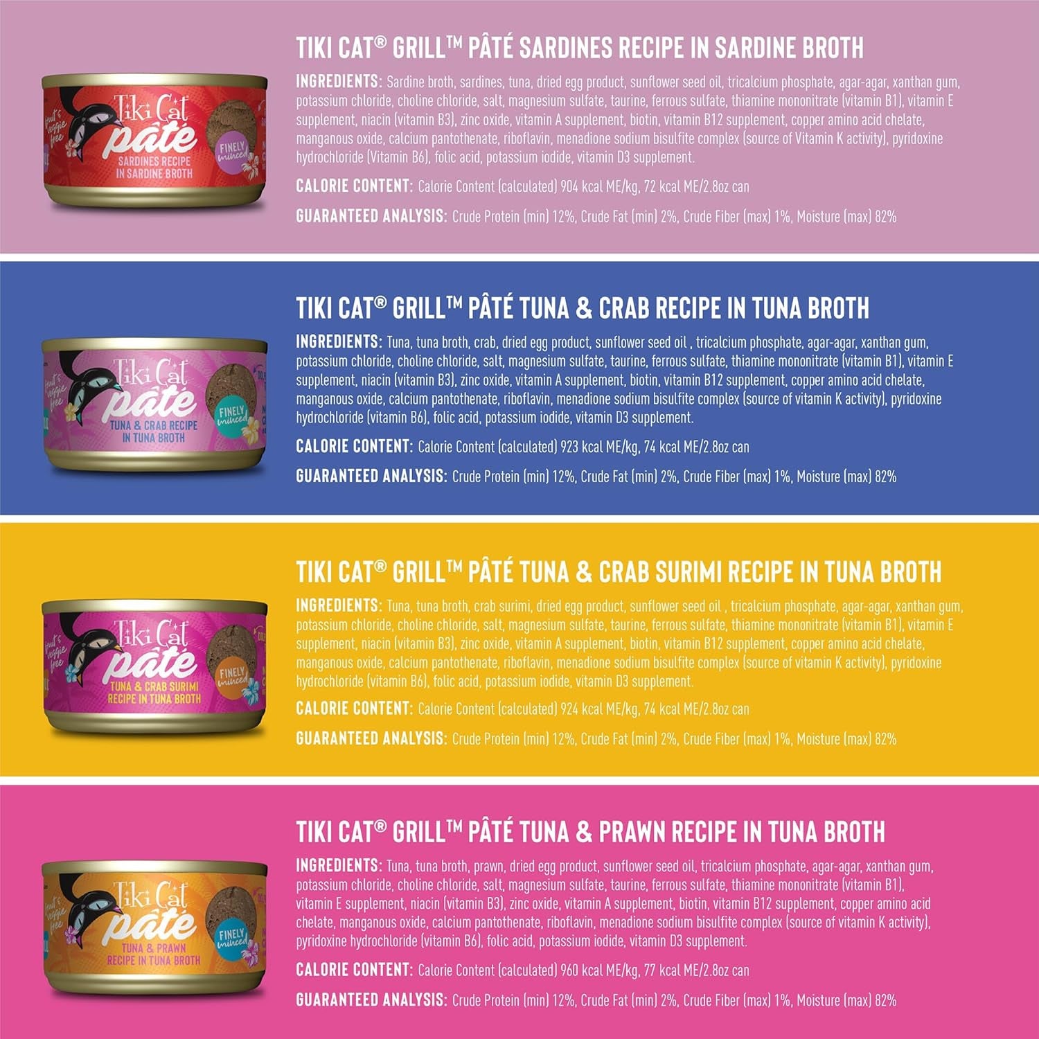 Tiki Cat Grill Pâté Variety Pack, Combinations of Real Flaked Fish, Wet High-Protein & High-Moisture Cat Food, 2.8 Oz. Cans (Pack of 12)