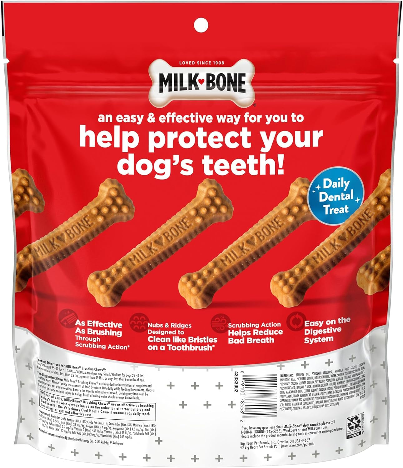 Original Brushing Chews, 25 Small/Medium Daily Dental Dog Treats Scrubbing Action Helps Clean Teeth