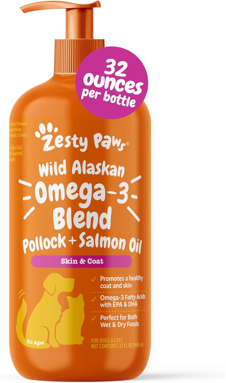 Wild Alaskan Omega-3 Blend Pollock + Salmon Oil for Dogs and Cats- Skin and Coat Support, Omega 3 Supplement for Pets, 32Oz