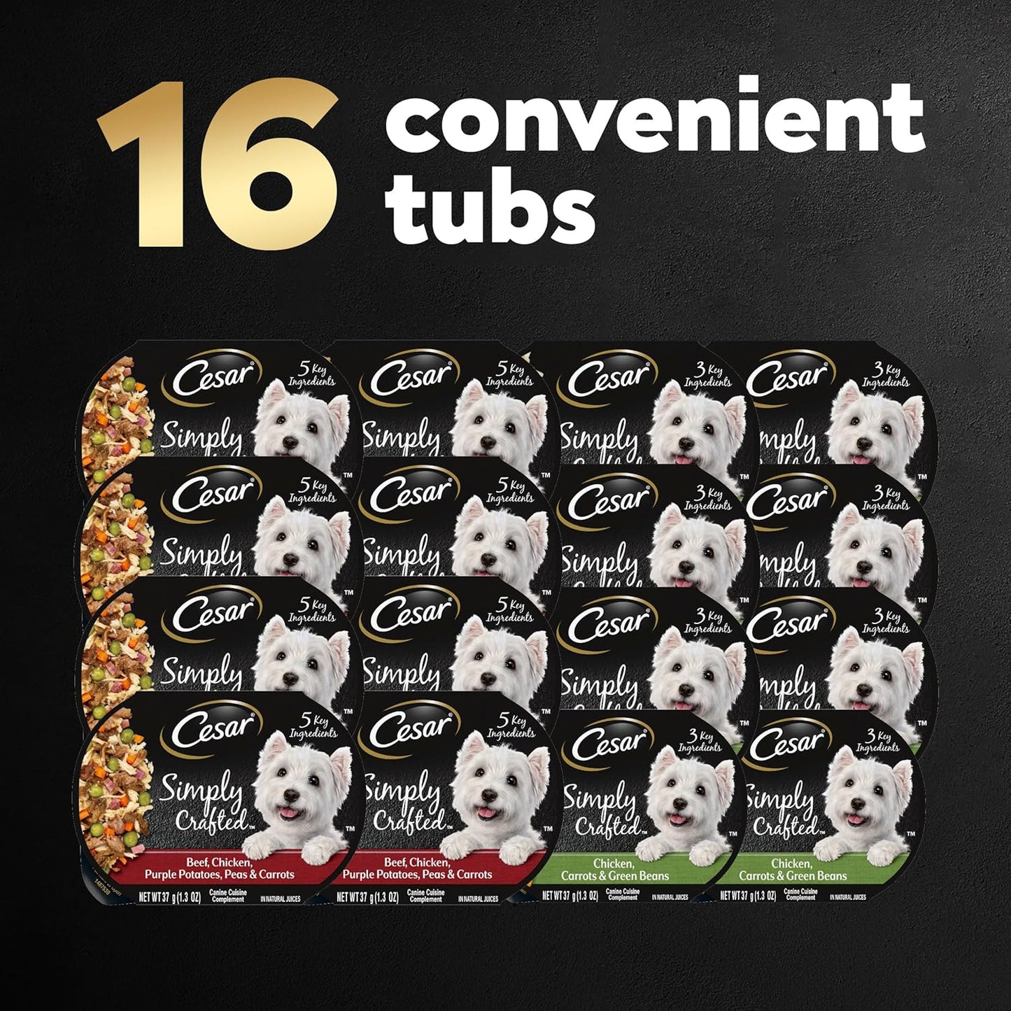 Simply Crafted Adult Wet Dog Food Meal Topper, Chicken, Carrots & Green Beans and Beef, Chicken, Purple Potatoes, Peas & Carrots Variety Pack, 1.3 Oz. (16 Count, Pack of 1)