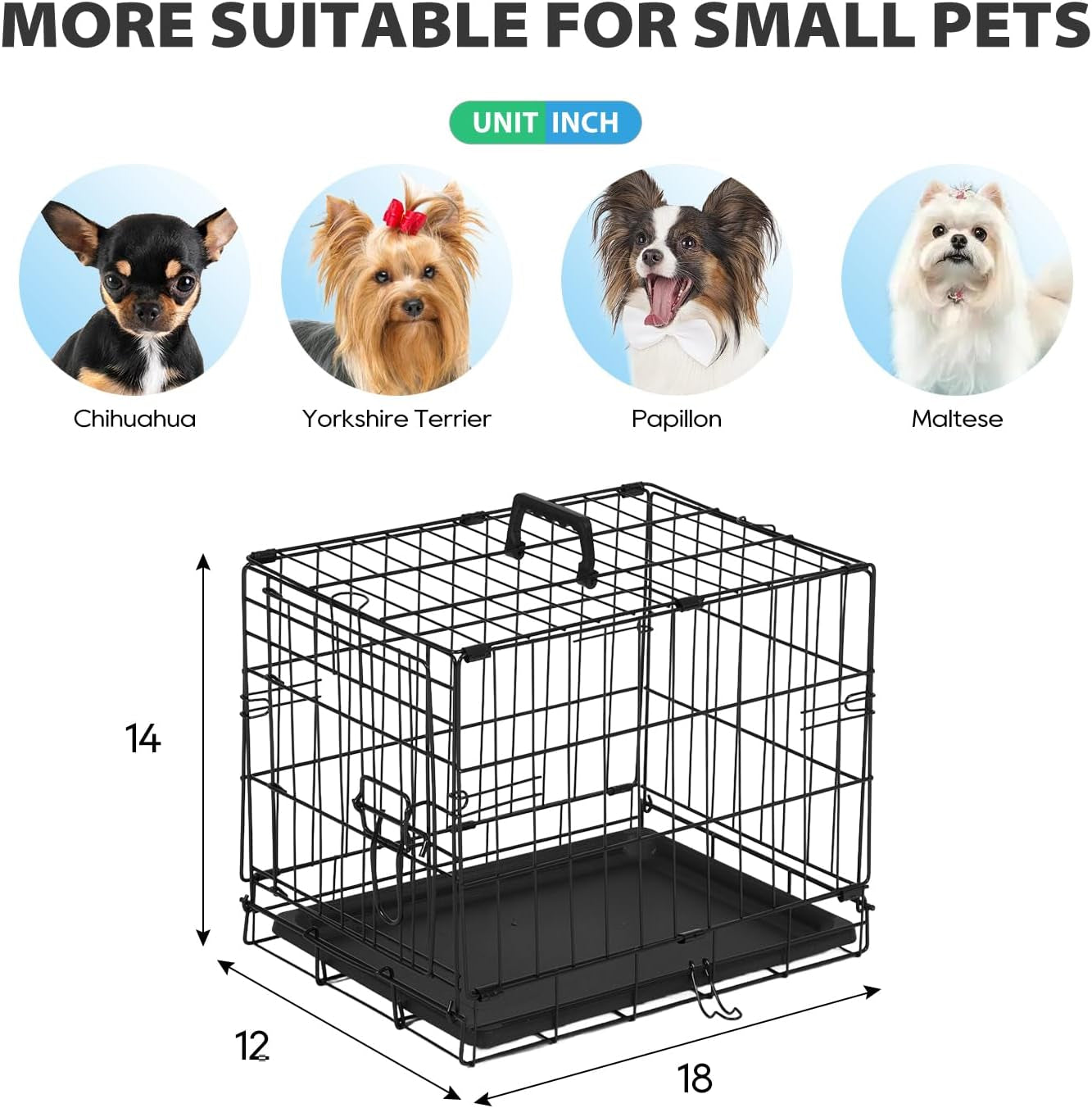 | Dog Crate | 18" | Black | Foldable Metal Kennel with Single Doors, Secure Slide-Bolt Latches, Leakproof Tray | Portable Dog Cage for Small Breeds | for Travel, Indoor & Outdoor Use