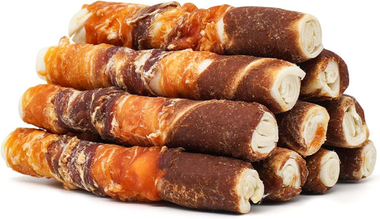 Dog Treats, Triple Flavor 6 Inch Chicken Liver Duck and Chicken Wrapped Rawhide Sticks, Teeth Cleaning Snacks for Medium Dogs, 17.6 Oz (10 Count-Pack of 1)