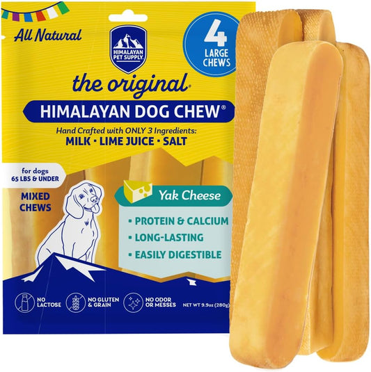Original Yak Cheese Dog Chews,100% Natural, Long Lasting, Gluten Free, Healthy & Safe Canine Treats, Lactose & Grain Free, Protein Rich, Mixed Sizes, Dogs 65 Lbs & Smaller, 4 Count