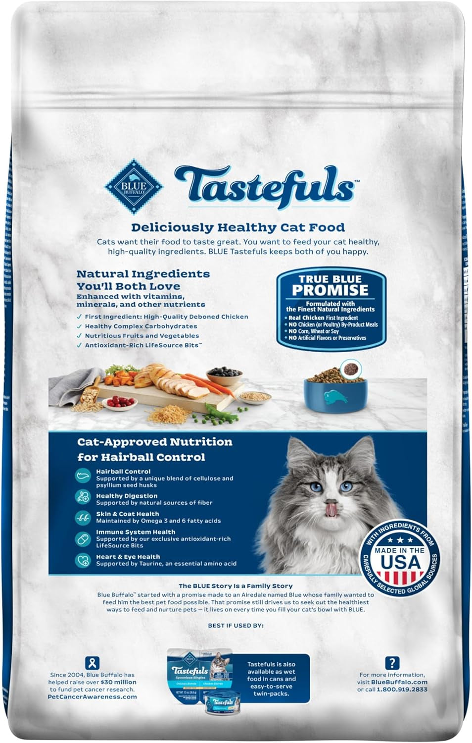 Tastefuls Natural Dry Food for Adult Cats, Hairball Control, Chicken & Brown Rice Recipe, 15-Lb. Bag