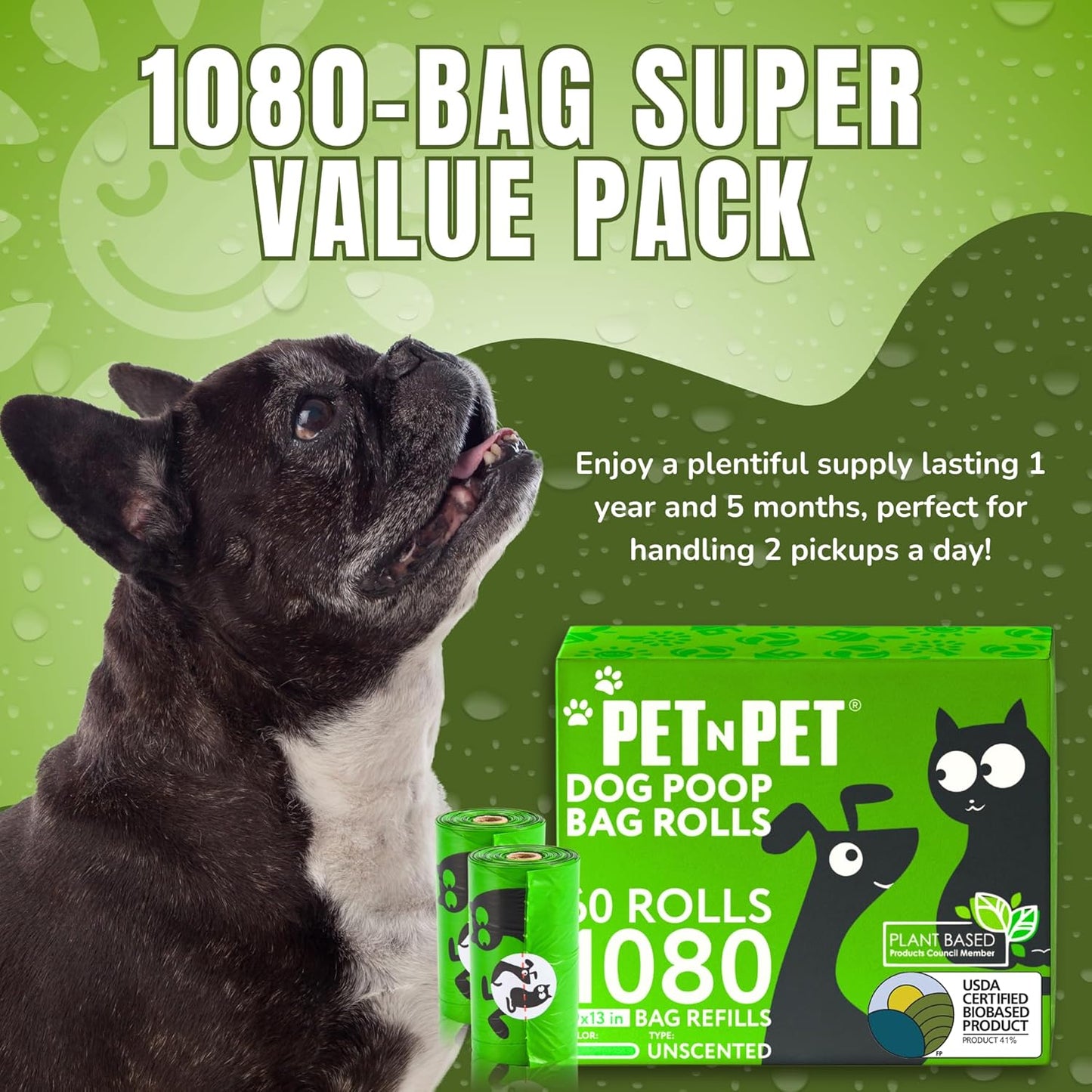 1080 Counts Green Poop Bags for Dogs, 41% Plant Based & 59% PE Extra Thick Dog Poop Bags Rolls, 9" X 13", Unscented Pet Waste Bag