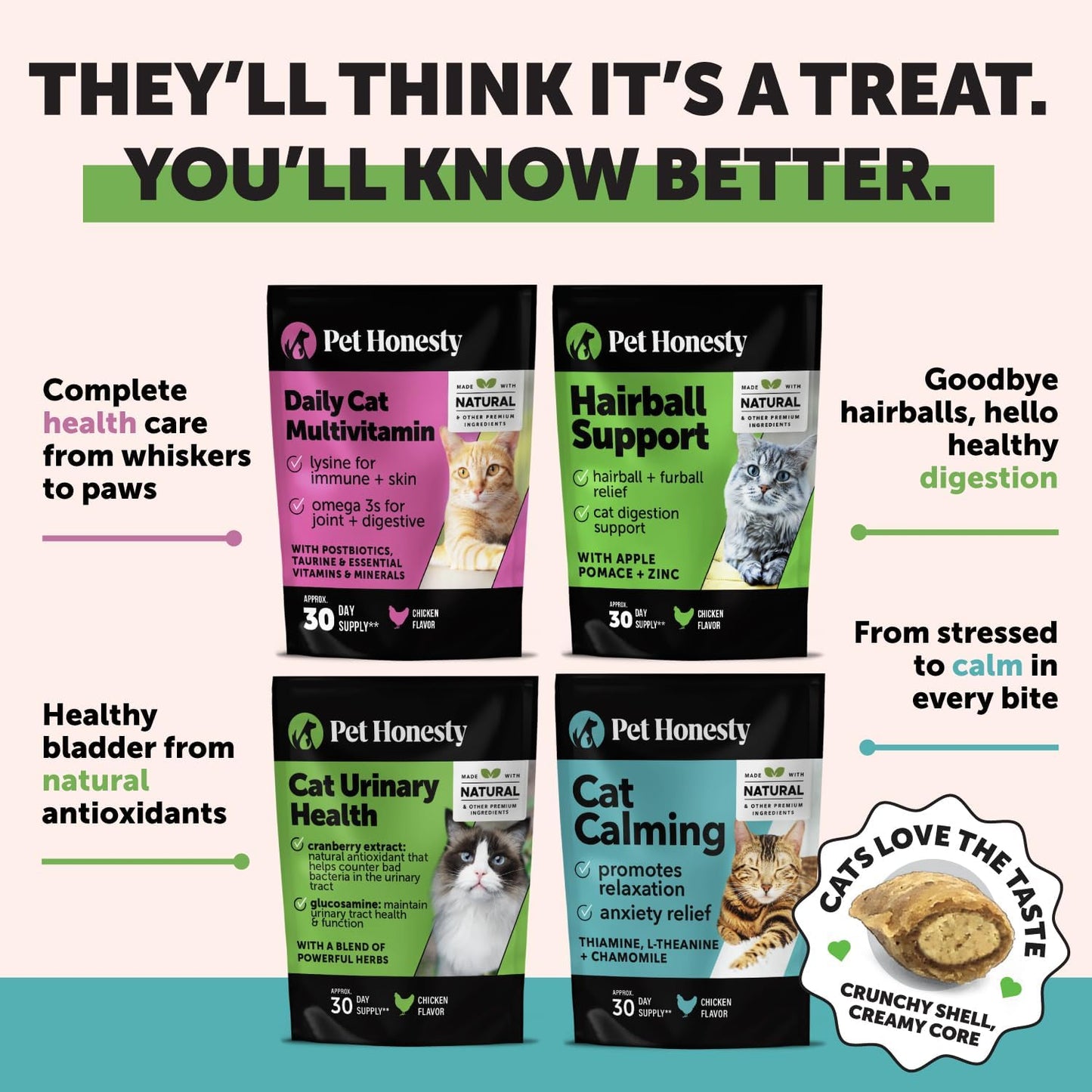 Cat Multivitamin Crunchy & Creamy Chews - Cat Treats for Health + Immune, Joint Support, Skin & Coat, & Digestion - Vitamins with Omega 3S, Lysine & Probiotics (30 Day Supply)