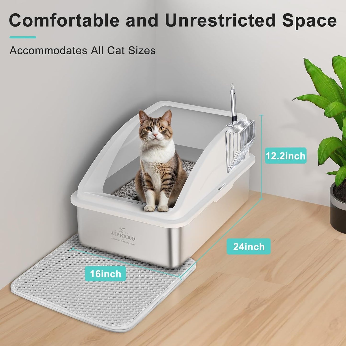 Stainless Steel Litter Box | XL Enclosed Cat Litter Boxes with Lid for Big Cats | High Sided, Anti-Urine Leakage | Non-Stick Bottom & Includes Litter Mat & Metal Scoop