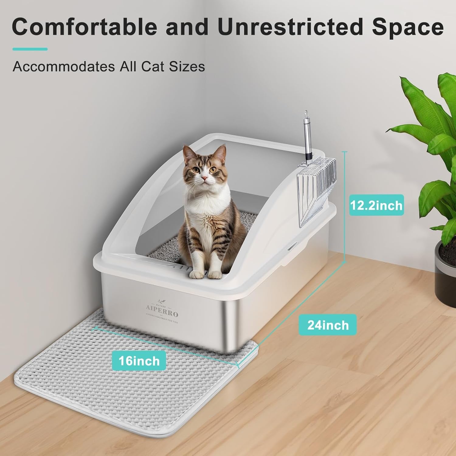 Stainless Steel Litter Box | XL Enclosed Cat Litter Boxes with Lid for Big Cats | High Sided, Anti-Urine Leakage | Non-Stick Bottom & Includes Litter Mat & Metal Scoop