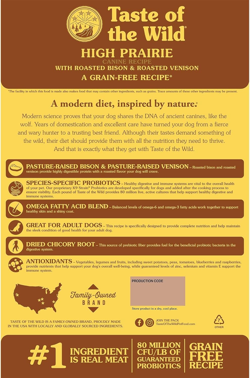 High Prairie Canine Grain-Free Recipe with Roasted Bison and Roasted Venison Adult Dry Dog Food, Made with High Protein from Real Meat and Guaranteed Nutrients and Probiotics 14Lb