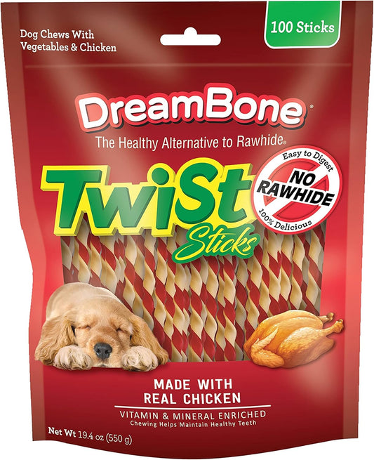 Twist Sticks Rawhide Free Dog Chews, Made with Real Chicken, 100 Count (Pack of 1)
