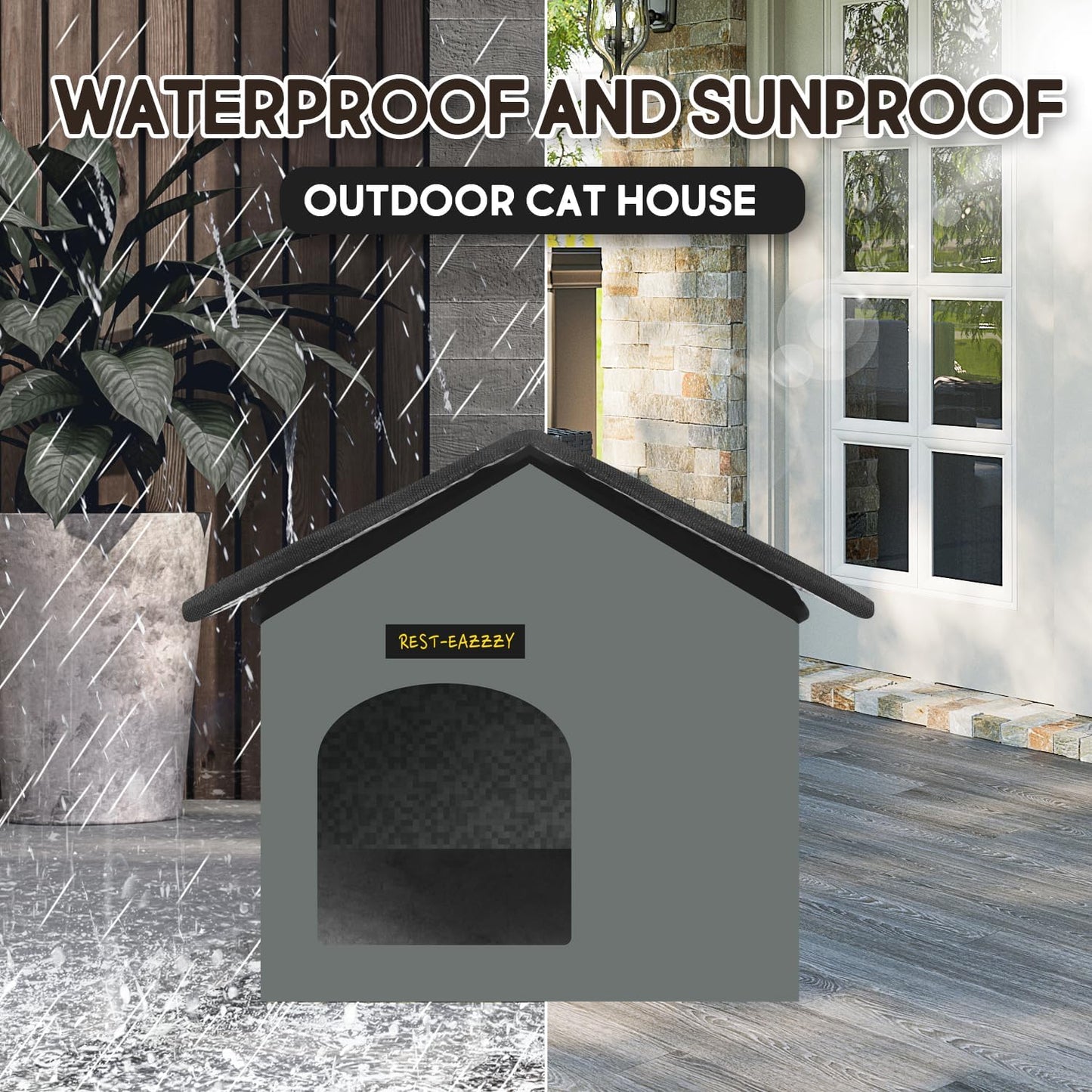 Cat House for Outdoor Cats, Weatherproof and Insulated Feral Cat House with Mat and Clip, Easy to Put Together, Selfwarming Cat Shelter for Winter(Grey, Waterproof House-S)