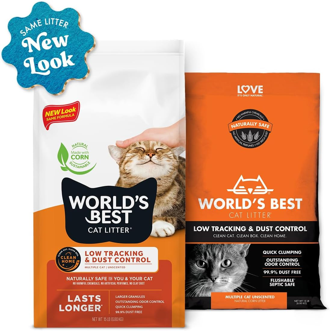 Low Tracking & Dust Control Multiple Cat Unscented 15-Pounds - Natural Ingredients, Quick Clumping, Flushable & Made in USA - Long-Lasting Odor Control & Easy Scooping