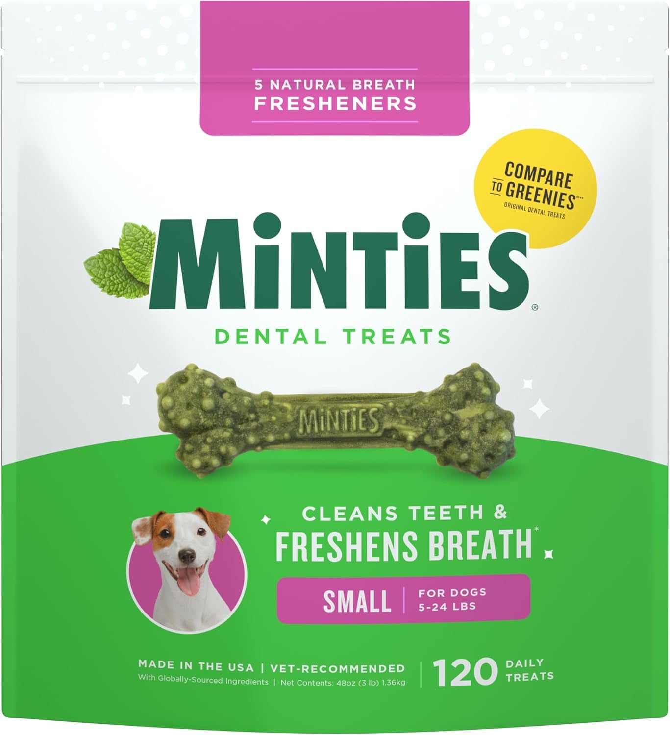 Dental Chews for Dogs, 120 Count, Vet-Recommended Mint-Flavored Treats for Tiny/Small Dogs 5-24 Lbs, Dental Bones Clean Teeth, Fight Bad Breath, and Removes Plaque and Tartar
