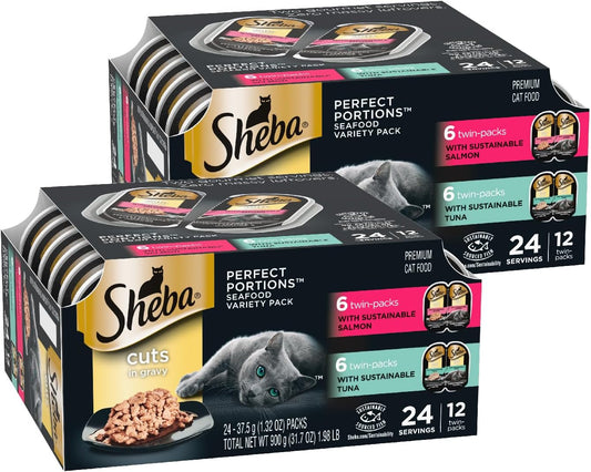 Perfect Portions Wet Cat Food Cuts in Gravy Variety Pack, with Sustainable Tuna and with Sustainable Salmon, 2.6 Oz. Twin-Pack Trays (12 Count, 24 Servings) (Pack of 2)