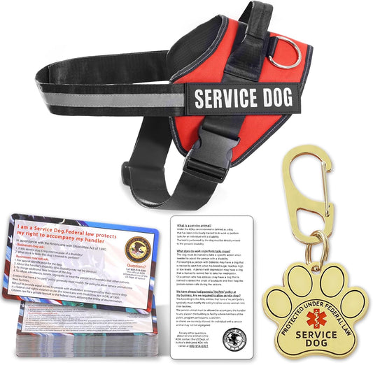 Service Dog Vest, ID Tag + 50 ADA Information Cards, Service Dog Harness W Patch in Sizes X Small to XX Large, Ruggedized Metal Tag, Service Animal Information Cards, ESA Accessory Set Medium