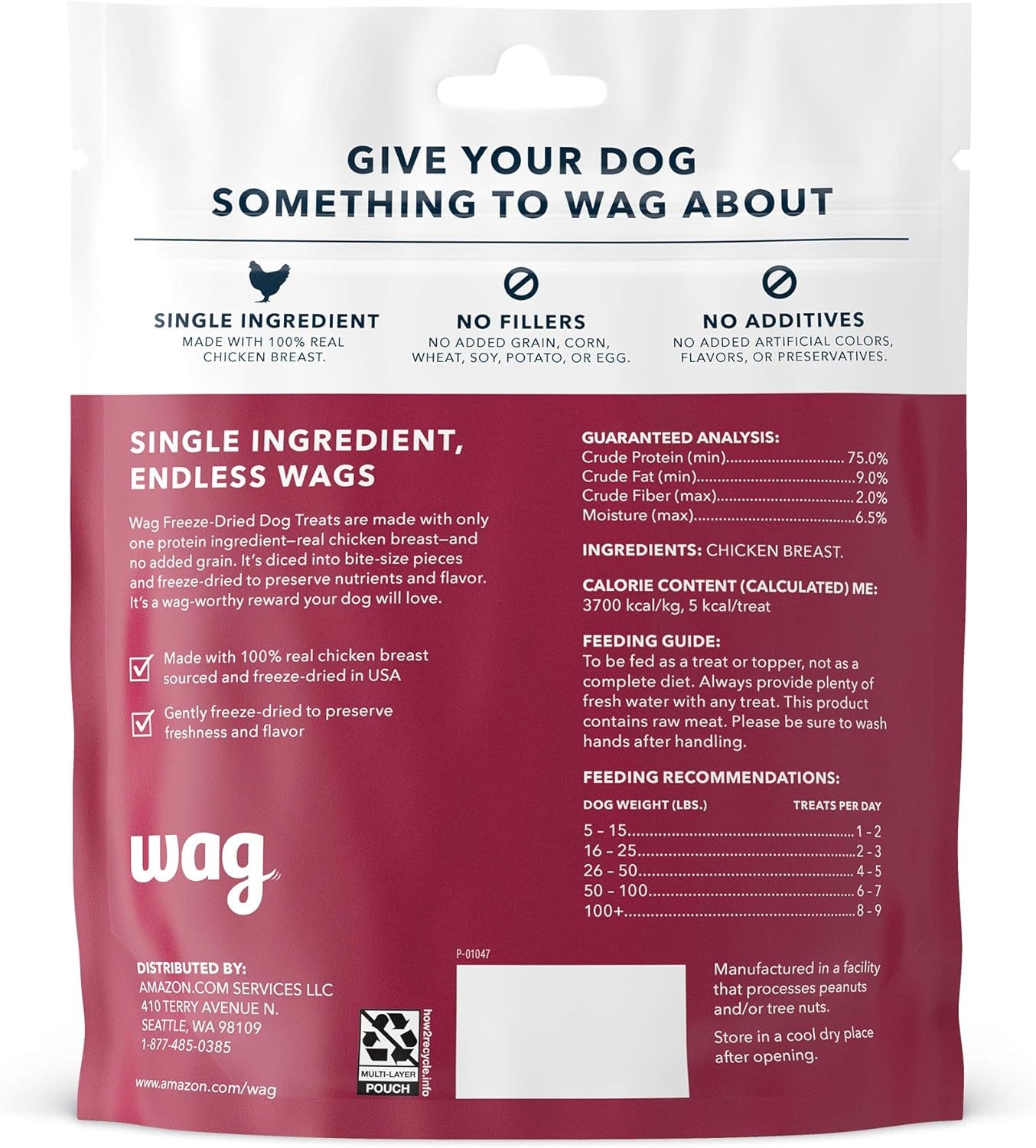 Amazon Brand -  Dog Treats Freeze Dried Raw Single Ingredient Chicken Breast, High Protein, Healthy Training Treats or Meal Topper for All Dogs, Grain-Free, 3 Oz (Pack of 1)