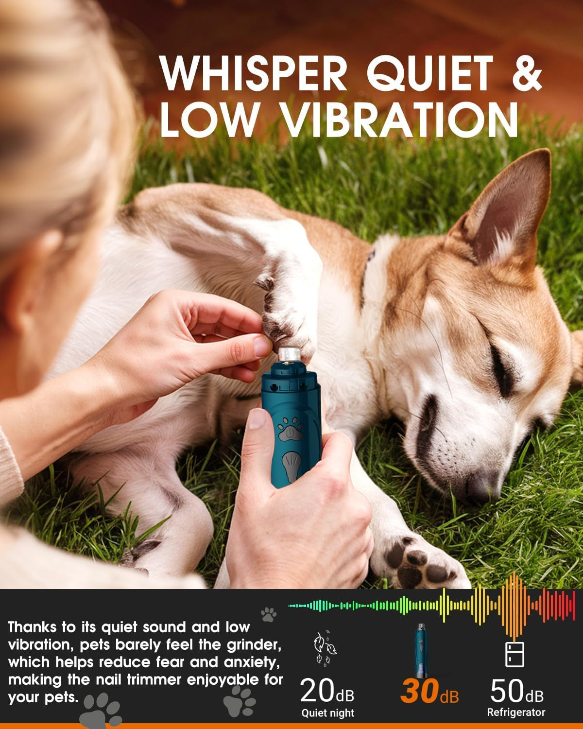 Dog Nail Trimmers and Dog Nail Clippers Kit, Whisper Quiet Electric Grinder with Light, Rechargeable, for Small, Medium, Large Dogs, Cats Toenail & Claw Grooming, 3 Speeds