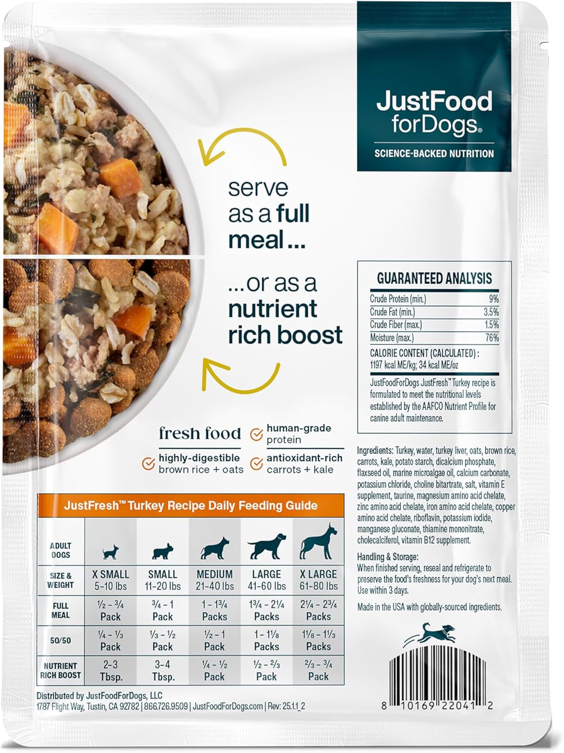 Justfresh Wet Dog Food, Fresh Pet Meals and Toppers with No Preservatives, Resealable Package, Human Grade, Home-Cooked Turkey, 12 Oz - 7 Pack