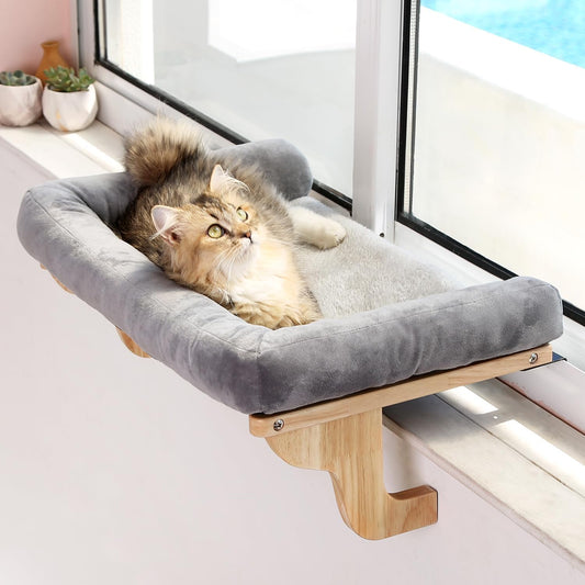 Cat Perch for Window Sill with Bolster - Orthopedic Hammock Design with Premium Hardwood & Robust Metal Frame - Cat Window Seat for Large Cats and Kittens - Natural Color Wood Gray Bed, 24''W