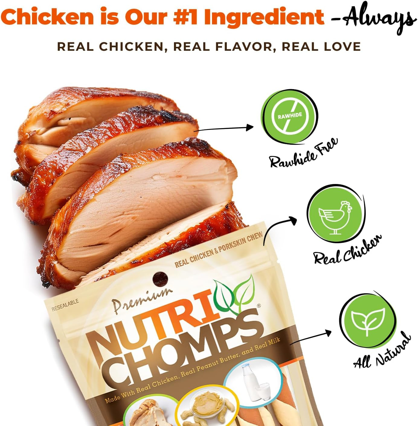 Nutrichomps Dog Chews, 5-Inch Twists, Easy to Digest, Rawhide-Free Dog Treats, 12 Count, Real Chicken, Peanut Butter and Milk Flavors