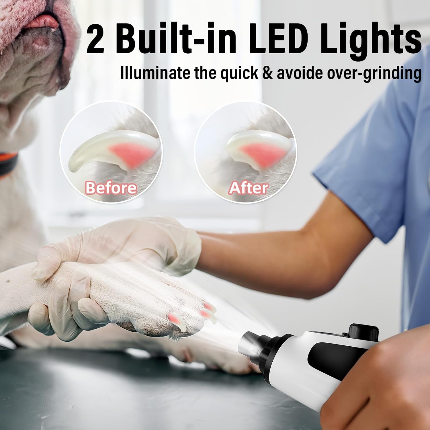Smart 6-Speed Dog Nail Grinder - 50% More Power Pet Nail Grinder with 2 LED Lights Quiet Rechargeable Electric Dog Nail Trimmers File Toenail Grinder for Large Medium Small Dogs & Cats (White)