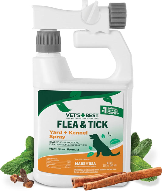 Natural Flea and Tick Yard and Dog Kennel Spray, Plant Safe Tick Spray for Yard with Ready-To-Use Hose Attachment, Mosquito Repellent with Natural Oils, Flea Prevention for Dogs, 32 Ounce