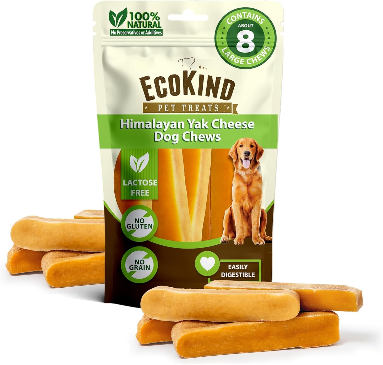 Ecokind Premium Gold Yak Cheese Himalayan Dog Chews, Dog Treats Large Breed, All Natural, High Protein, for Aggressive Chewers, Large - 8+ Chews (2 Lb)