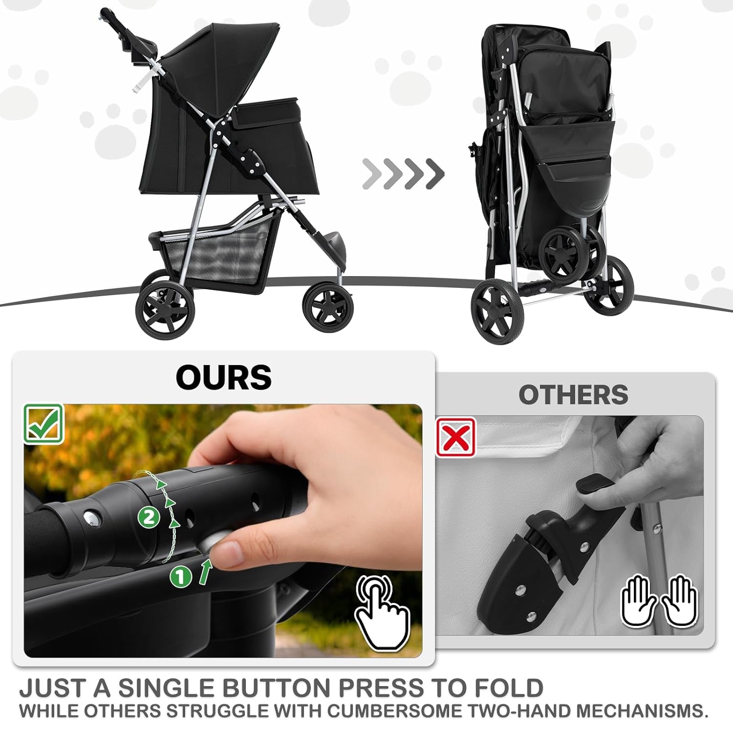 Foldable Pet Stroller with Weather Cover, 3 Wheels Pet Strolling Cart for Small/Medium Dogs and Cats with Storage Basket and Cup Holder, Breathable and Visible Mesh for All-Season, Black