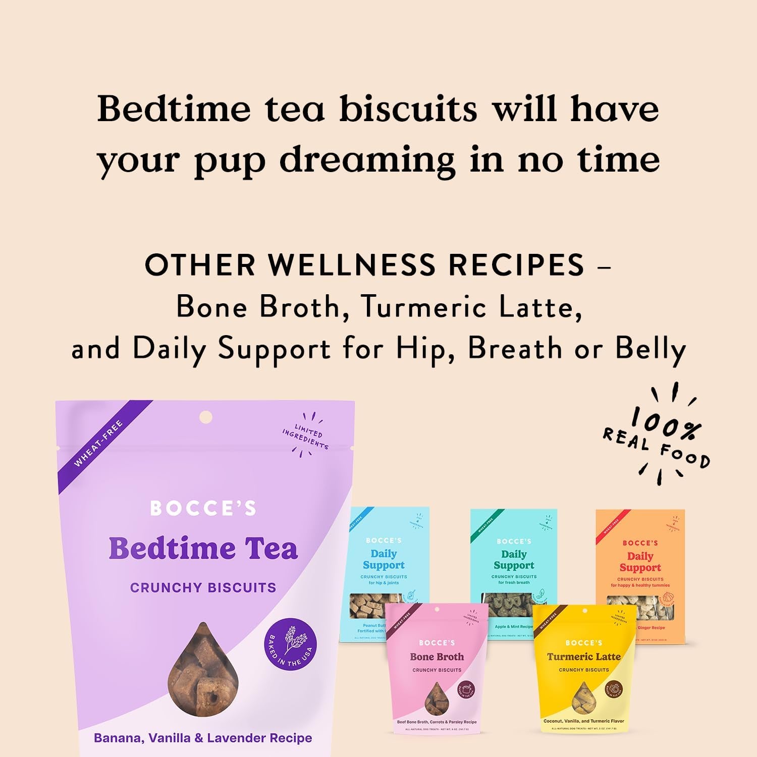 Oven Baked Bedtime Tea Treats for Dogs, Wheat-Free Everyday Dog Treats, Made with Real Ingredients, Baked in the USA, All-Natural Biscuits, Banana, Vanilla, & Lavender, 5 Oz