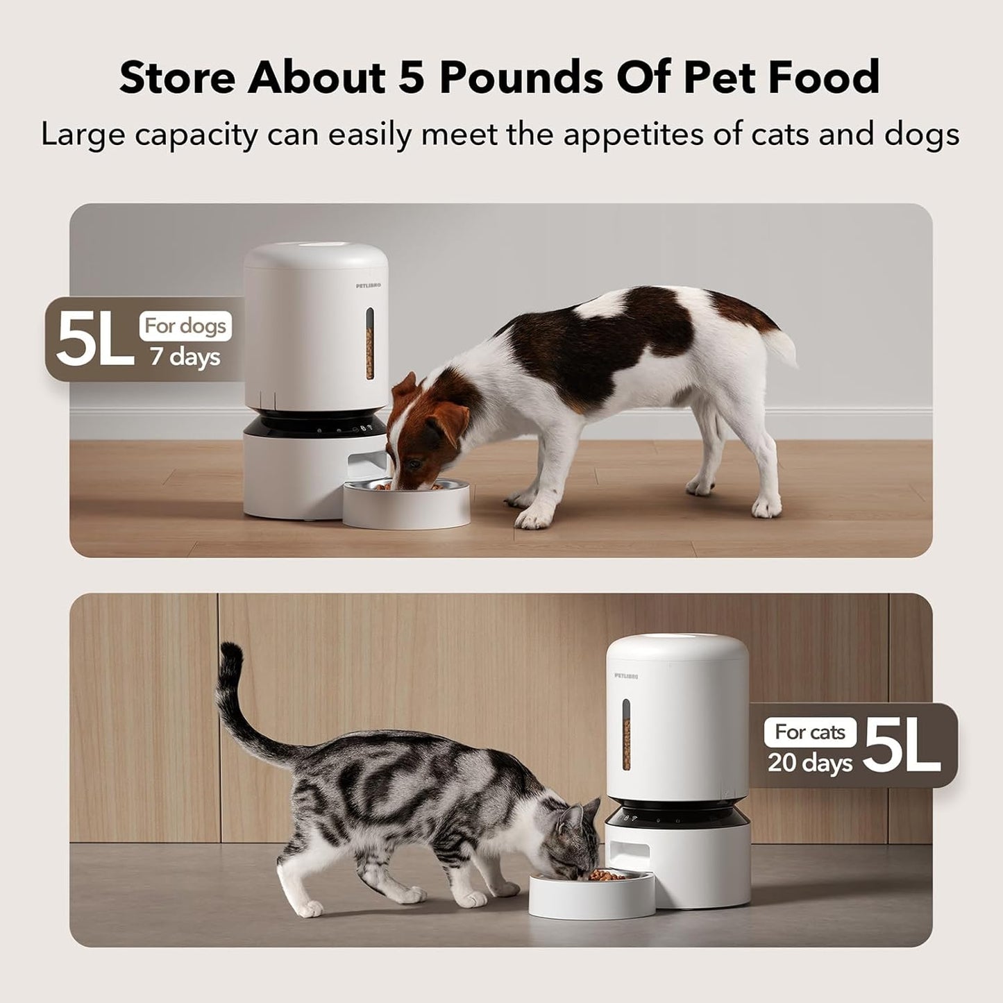 Automatic Cat Feeder, 5G Wifi Automatic Dog Feeder with Freshness Preservation, 5L Timed Cat Feeders with Low Food Sensor, up to 10 Meals per Day, Granary Pet Feeder for Cats/Dogs