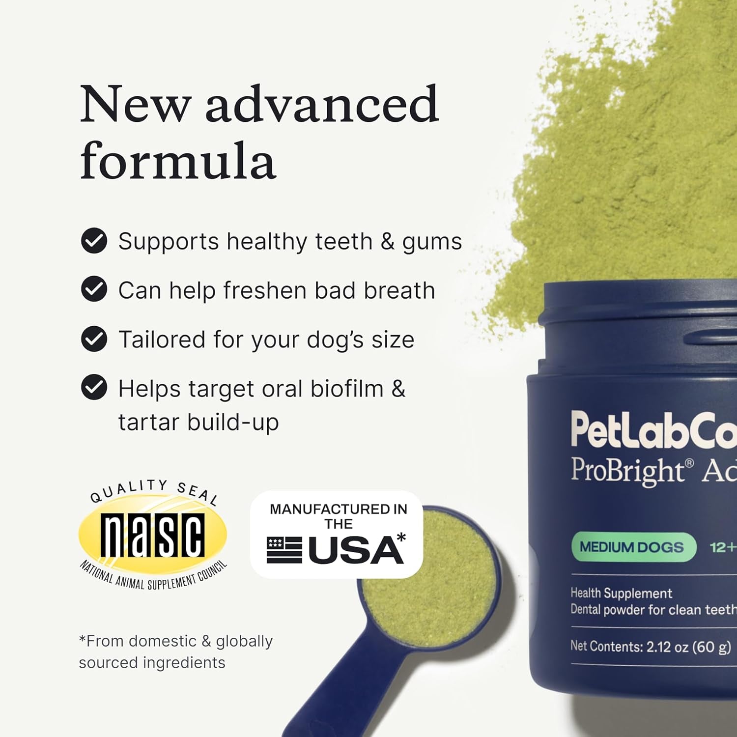 Probright Advanced Dental Powder - Dog Breath Freshener - Teeth Cleaning Made Easy – Targets Tartar & Bad Breath - Packaging May Vary - Formulated for Medium Size Dogs