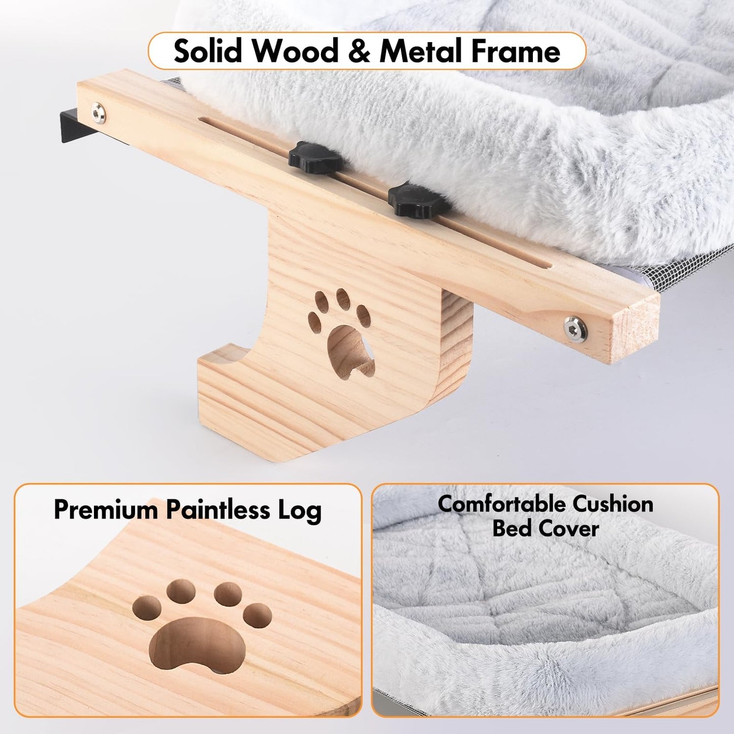 Cat Sill Window Perch Sturdy Hammock Window Seat with Cushion Cover, Wood & Metal Frame for Large Cats, Easy to Adjust Cat Bed for Windowsill, Bedside, Drawer and Cabinet (L)