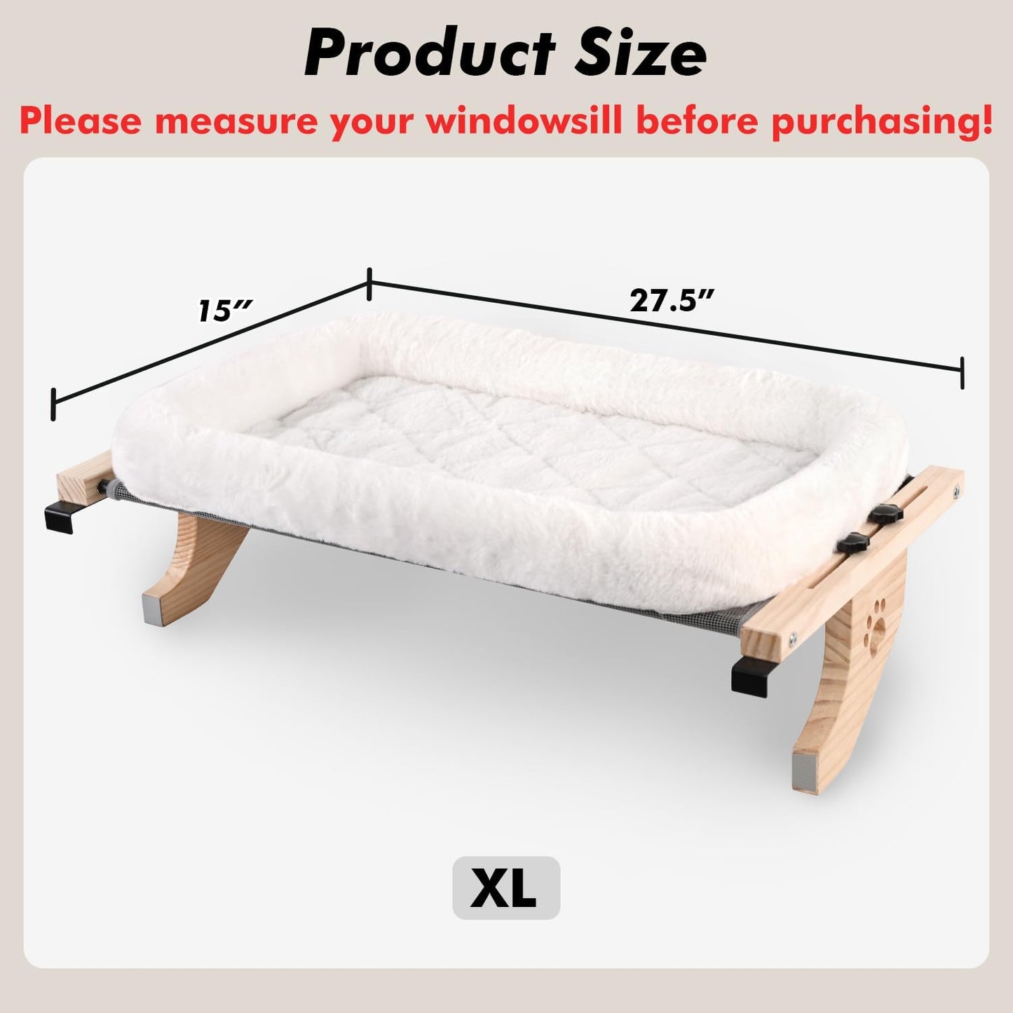 Cat Sill Window Perch Sturdy Hammock Window Seat with Cushion Cover, Wood & Metal Frame for Large Cats, Easy to Adjust Cat Bed for Windowsill, Bedside, Drawer and Cabinet (XL)