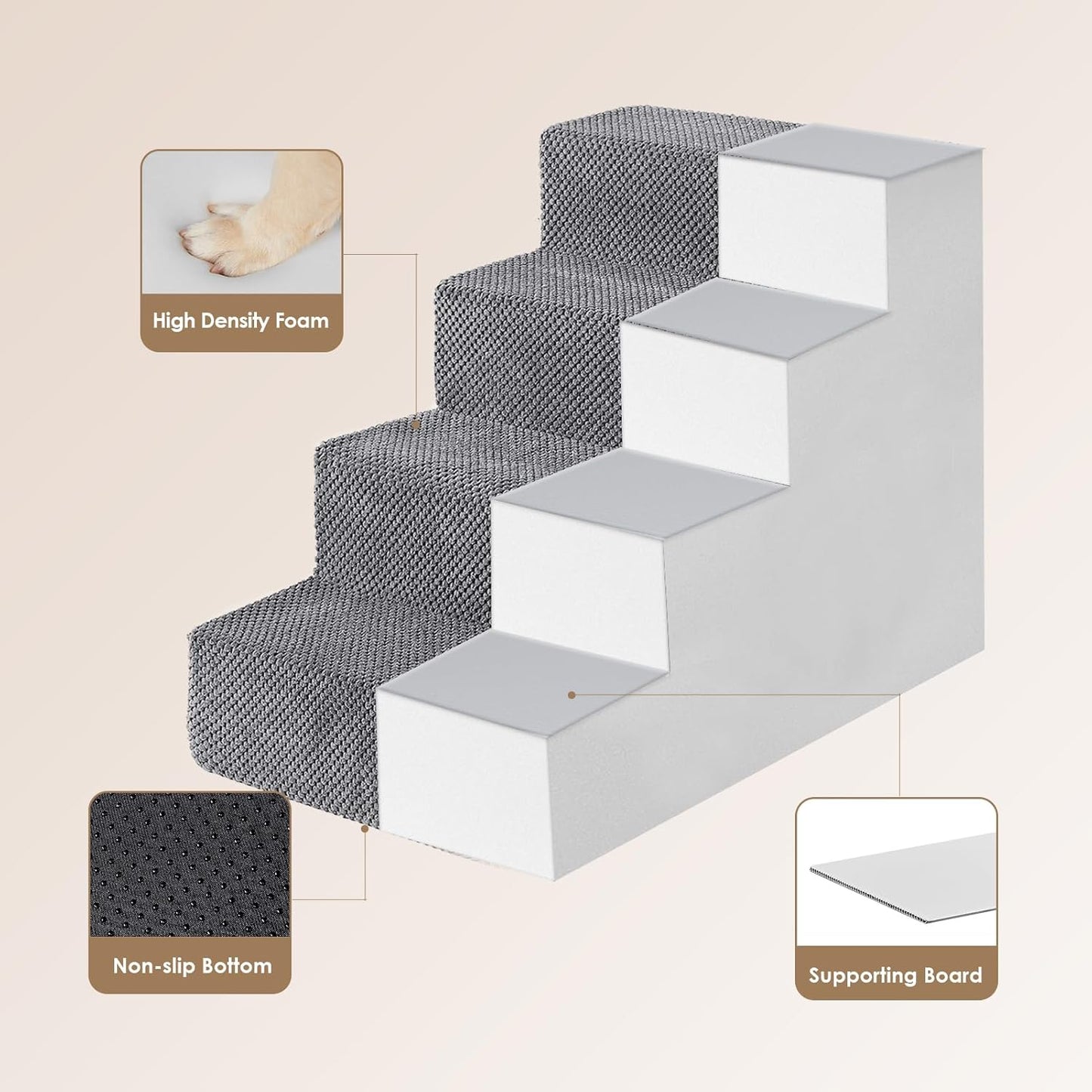 Dog Stairs for Bed 18" H, 4-Step Dog Steps for High Bed, Pet Steps for Small Dogs and Cats, Non-Slip Balanced Pet Ramp Indoor, Grey