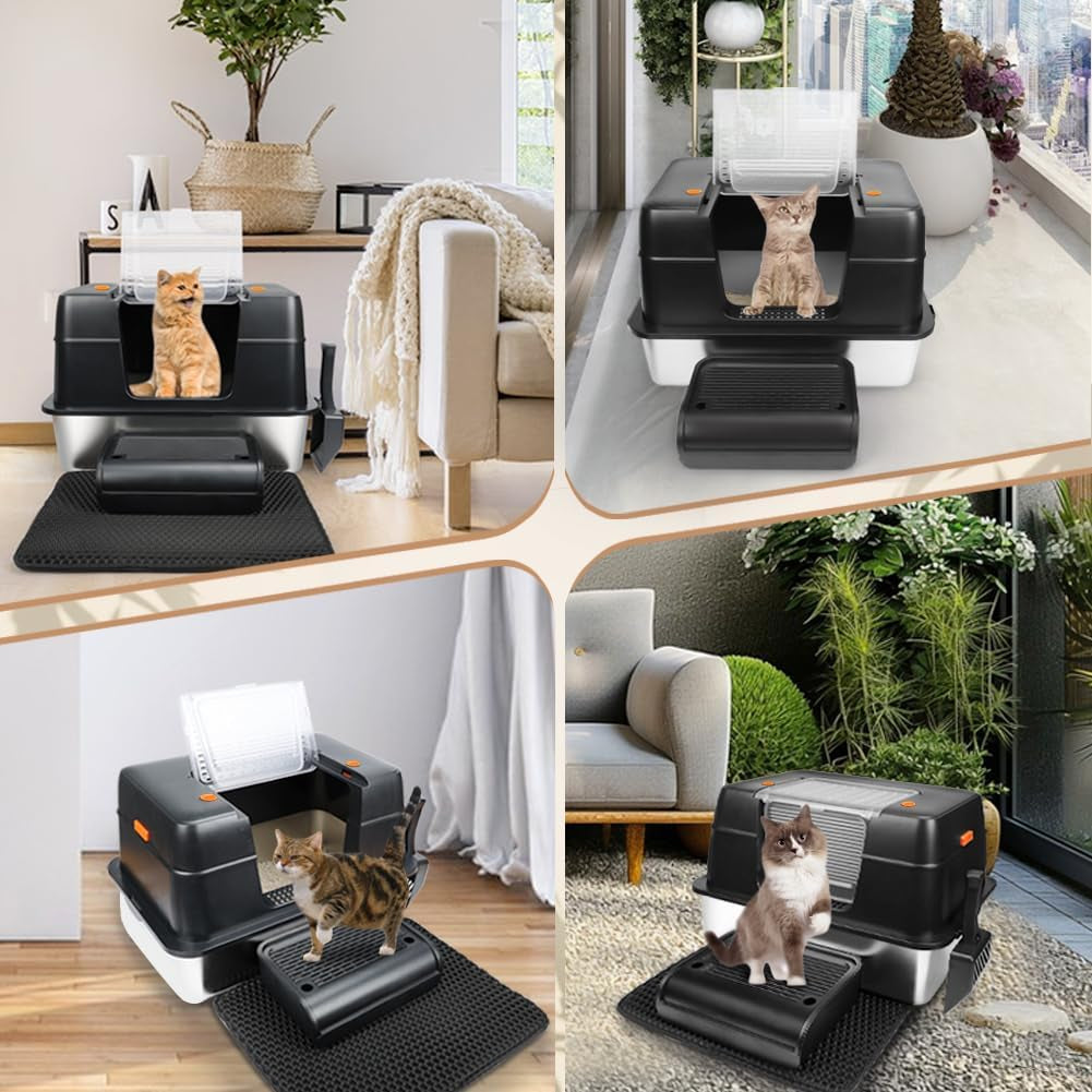Stainless Steel Litter Box, XL Side Entry Extra Large Litter Box with Lid for Big Cats & Kitty, Removable Enclosed Metal Cat Pan with High Sided Enclosure, Scoop, Mat, Footboard (Black)