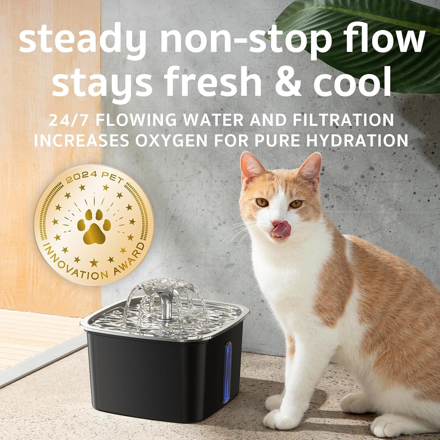 Innovation Award Winner Stainless Steel Cat Water Fountain, 95Oz/2.8L Automatic Pet Fountain Dog Water Dispenser with Replacement Filters & Silicone Mat for Cats, Dogs (Space Black)