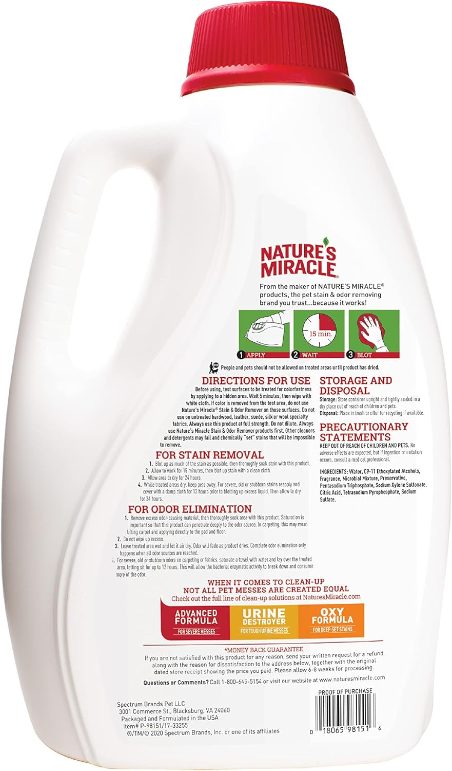 Nature’S Miracle® Stain & Odor Remover, Tough on Dog Urine, Feces, Vomit, Drool and Other Organic Stains and Odors, 1 Gallon