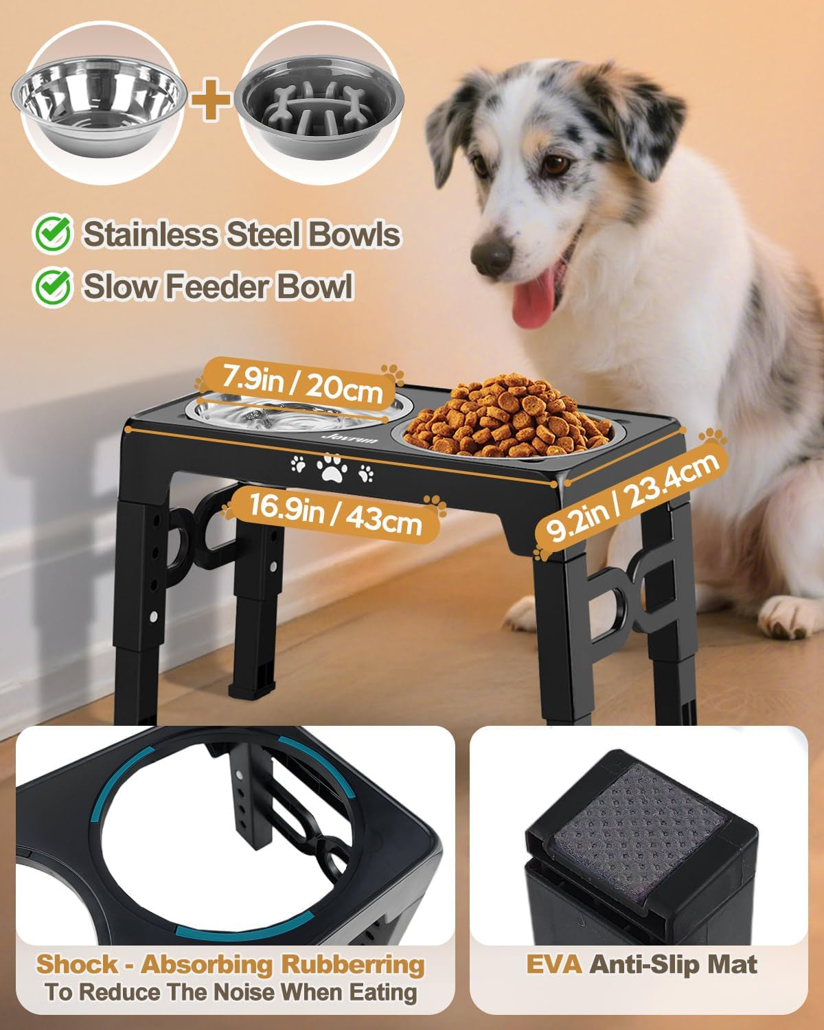 Elevated Dog Bowls, Dog Feeder with 2 Stainless Steel Dishes &1 Slow Feeder Bowl, 5 Heights Adjustable Raised Stand for Medium Large, Food Dishes with Non-Slip Feet