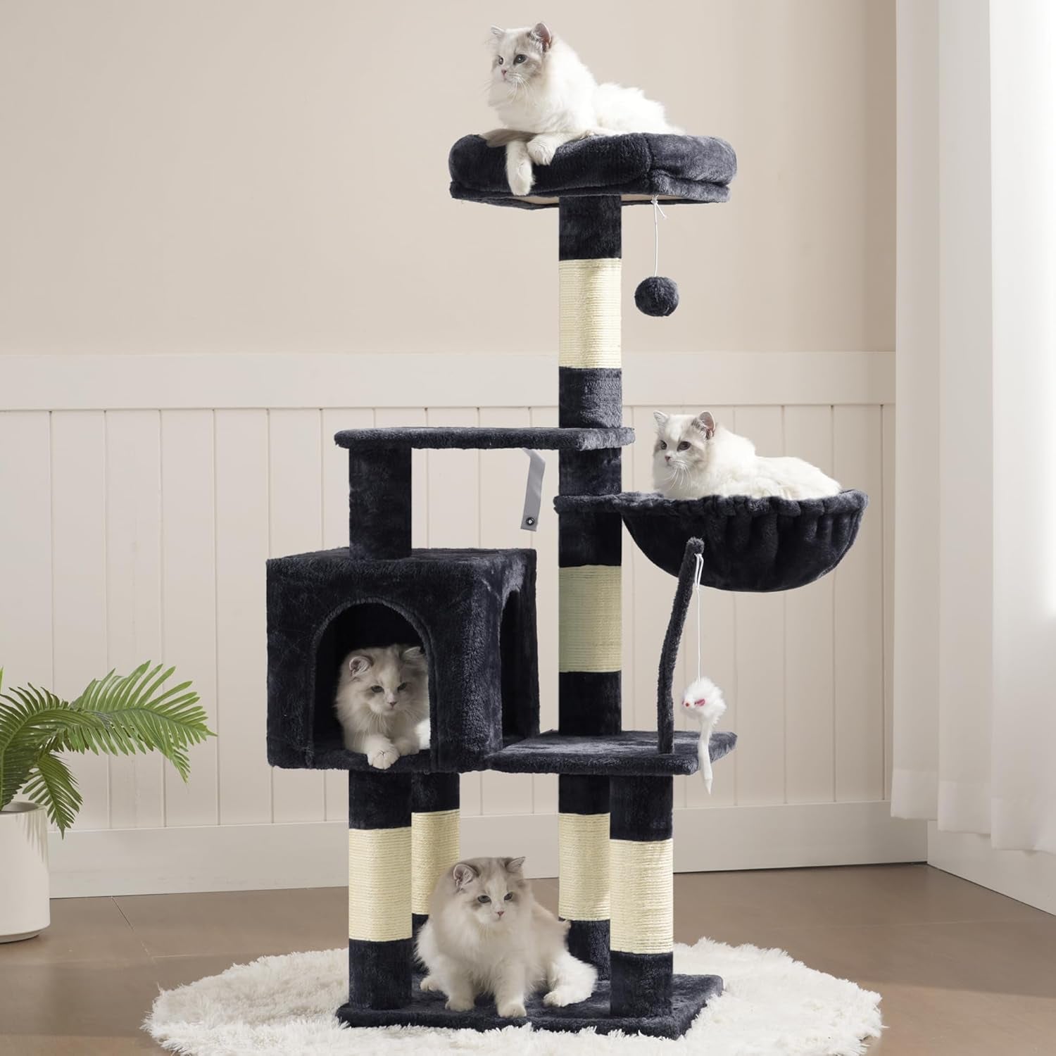 Cat Tree with Toy, Cat Tower Condo for Indoor Cats, Cat House with Padded Plush Perch, Cozy Hammock and Sisal Scratching Posts, Smoky Gray HCT004SG