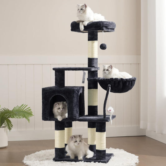Cat Tree with Toy, Cat Tower Condo for Indoor Cats, Cat House with Padded Plush Perch, Cozy Hammock and Sisal Scratching Posts, Smoky Gray HCT004SG