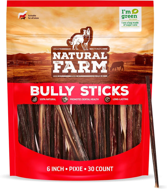 Bully Sticks (6 Inch, 30 Pack), Thin Pizzle Pixie Beef Treats, Grain-Free, High Protein, Best Rawhide Alternative for Small, Puppies or Senior Dogs