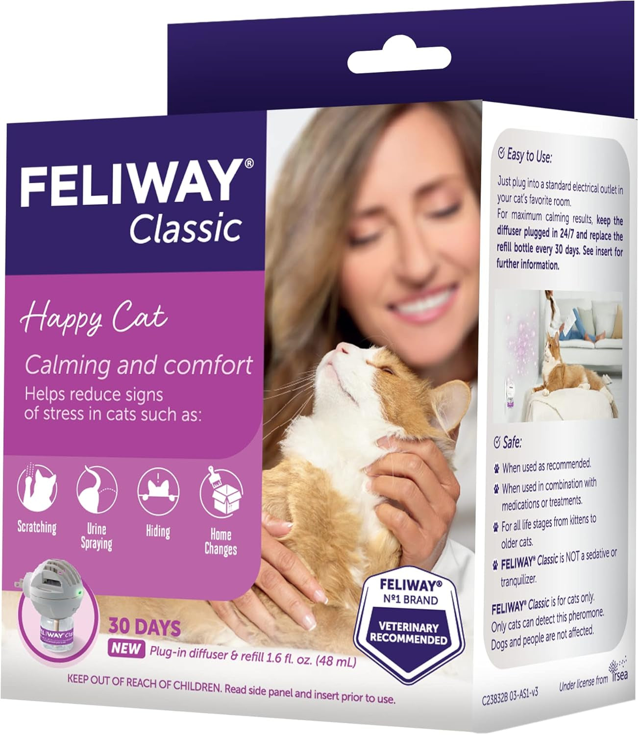 Classic 30 Day Cat Calming Plug in Pheromone Diffuser Starter Kit, 48Ml - Helps Reduce Common Signs of Stress in Cats & Kittens, Enhanced Calming