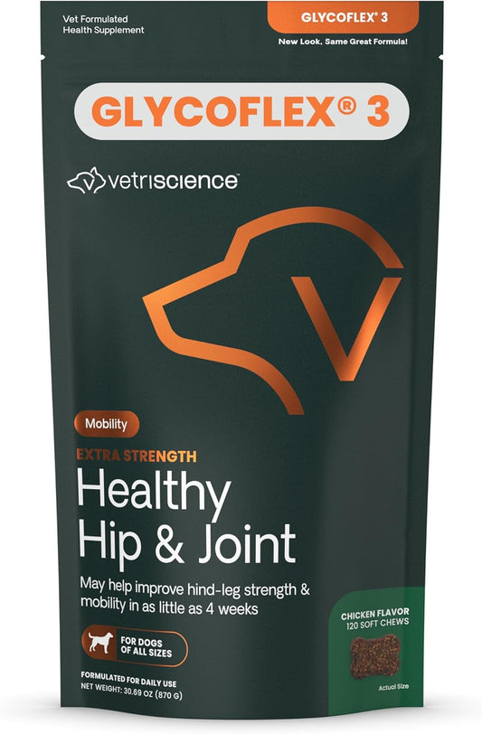 Extra Strength Healthy Hip & Joint Chews, Glycoflex Glucosamine and Green-Lipped Mussel Joint Support Supplement for Dogs, Promote Mobility and Soothe Joint Discomfort, Chicken, 120 Count